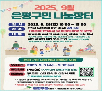 2025. 9월 은평구민 나눔장터 개최
일    시 : 2025. 9. 28.(일) 10:00 ~ 15:00
장    소 : 은평 무차별대로 축제 장터길 (역촌역 1번출구 앞 이마트방향 도로변)
참여대상 : 지역주민 누구나
내    용 
   - 재사용 가능한 물품 교환 및 판매 장터 운영
  - 재활용 자원 체험부스 운영(폐기물처리 로봇 체험, 업사이클링 악기 만들기, 
    커피박 활용 화분 만들기)
  - 재활용 정책(재활용품 분리배출, 폐비닐 분리배출 등) 홍보 캠페인 및      폐자원 교환(우유팩 20개 -> 롤휴지 1개 / 폐건전기 20개 -> 새건전기 2개)
나눔장터 판매자 모집
모집기간 : 2025. 9. 3.(수) ~ 9. 12.(금)
모집대상 : 판매자 34팀(명) (*가족단위 참여자 우선 선정
참여방법 :  QR코드 스캔 후 신청서 제출 신청링크(https://naver.me/FvQ7ee3c)
문의  자원순환과 351-7582
